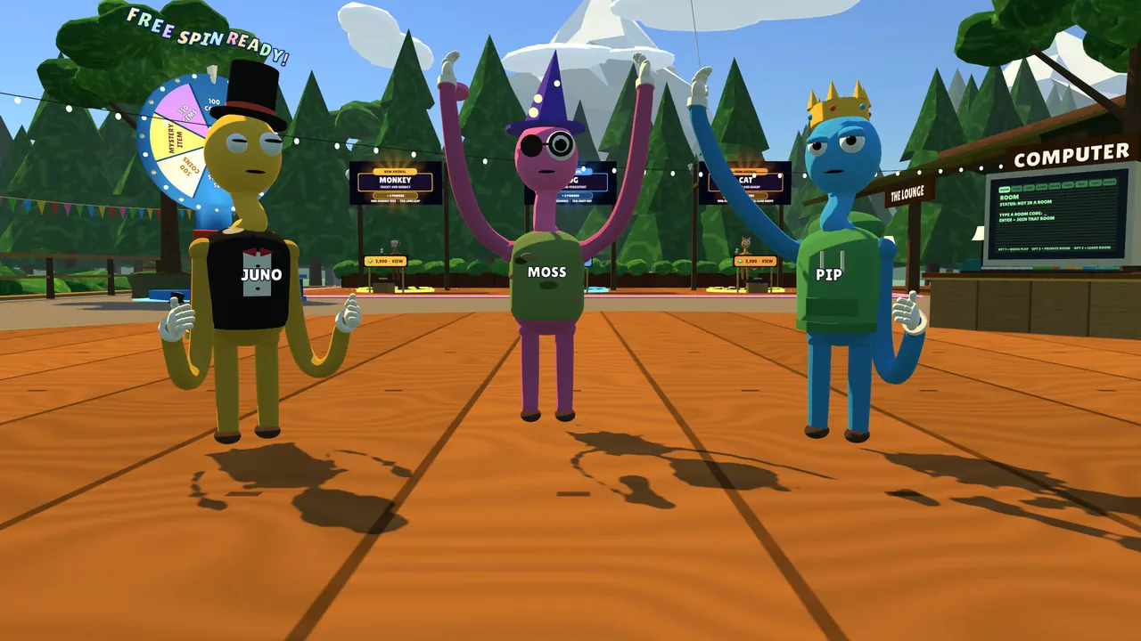 Three players showing off hats and cosmetics in the lobby
