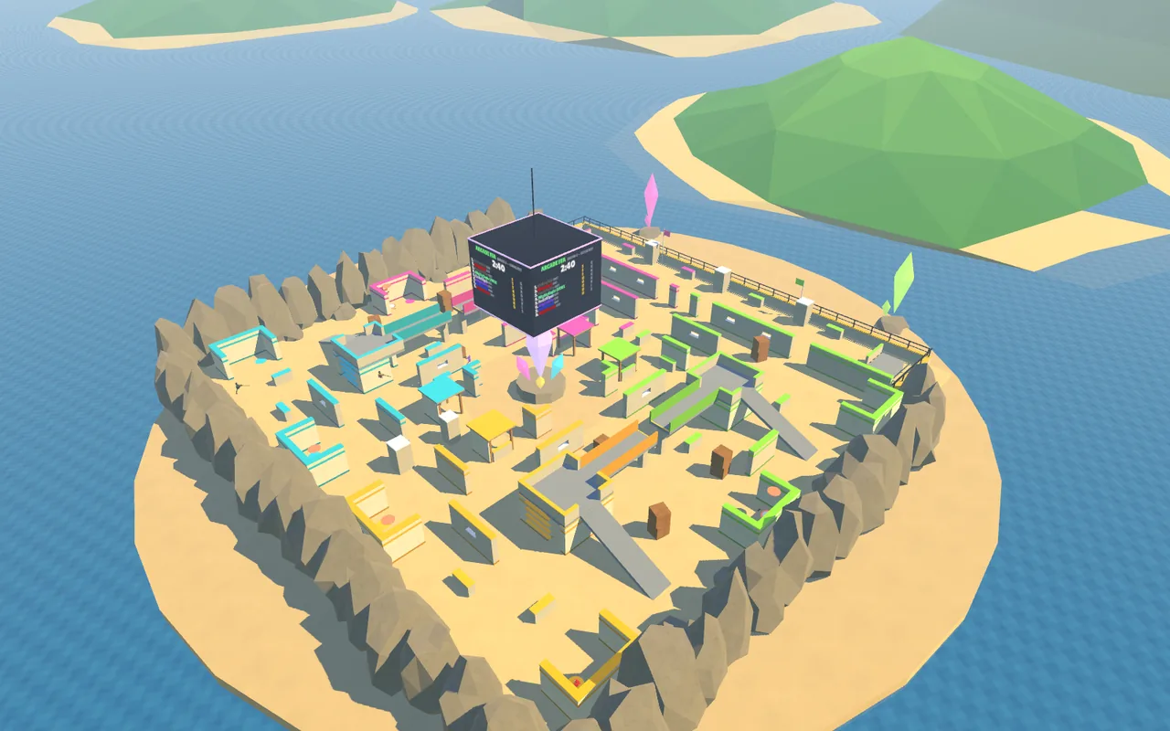 Snipvr's crystal island map from above: a sandy island ringed by cliffs, coloured towers, bridges and cover, with a floating scoreboard over a crystal in the middle